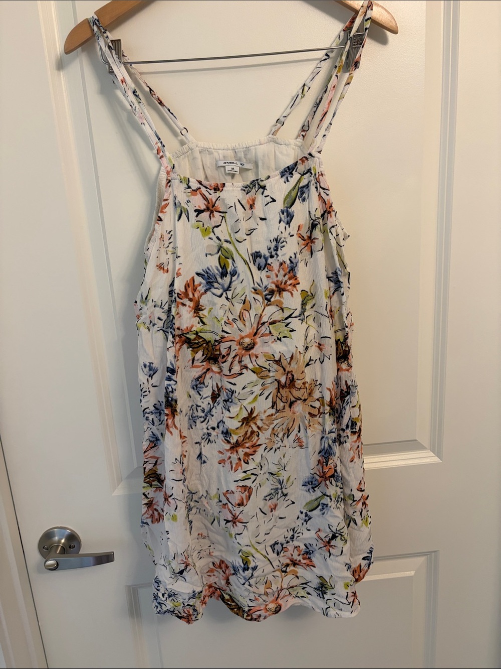 O'Neill White Floral Tie-Strap Camisole Dress with Blue, Orange & Green Print